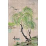 Tran An (19th - 20th Century) Chinese. A River Landscape, with a Figure in a Boat, Watercolour on