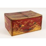 A JAPANESE LACQUER BOX, with lift up lid on two sides, the front with two small drawers and a long