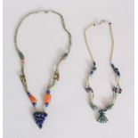 TWO LAPIS AND BEAD NECKLACES.