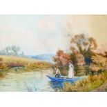 Horace Hammond (1842-1926) British. A Couple in a Boat on a Lake with a Man Fishing, Watercolour,