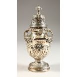 A GOOD VICTORIAN URN SHAPED PEDESTAL SUGAR SIFTER. 7ins high. London 1893. Maker W. Comyns.