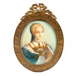 AN OVAL MINIATURE OF A LADY. 2.5ins x 2ins, in a gilt metal frame.