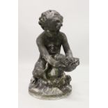 A LEAD GARDEN FOUNTAIN, PROBABLY 19TH CENTURY, modelled as a seated cherub riding on a classical