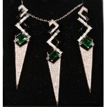 A SILVER, ENAMEL, ZIRCON AND GREEN STONE PENDANT AND DROP EARRINGS.