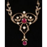 A GOOD 9CT GOLD, RUBY, DIAMOND AND PEARL PENDANT AND CHAIN.