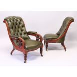 A GOOD 19TH CENTURY MAHOGANY FRAMED AND LEATHER UPHOLSTERED BUTTON BACK ARMCHAIR; together with