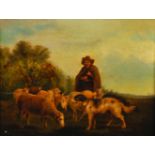 19th Century English School. A Boy with his Dog herding a Flock of Sheep, Oil on Canvas, 11" x