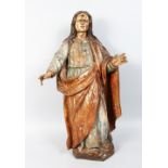 A 17TH-18TH CENTURY ITALIAN CARVED WOOD AND PAINTED FIGURES, arms outstretched. 28ins high.