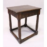 AN 18TH CENTURY OAK JOINT STOOL, with later plank top, carved frieze on turned supports, united by