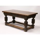 A GOOD 17TH/18TH CENTURY OAK DRAW LEAF TABLE, with a plain rectangular top, carved frieze on four