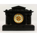 A GOOD VICTORIAN BLACK MARBLE MANTLE CLOCK, formed as a classical building with Corinthian