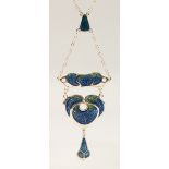 A SILVER AND ENAMEL ART NOUVEAU DESIGN PENDANT AND CHAIN.