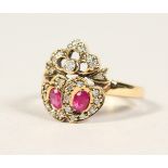 A GOOD 9CT GOLD, RUBY AND DIAMOND RING.