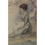 19th Century English School. Portrait of a Lady, seated under a Tree reading a Book, Watercolour,