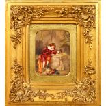 A MINIATURE PAINTING IN A GILT FRAME, of a young girl resting, a sword by her side. 3.5ins x 2.