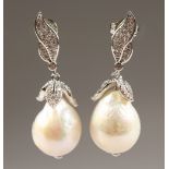A PAIR OF SILVER AND BAROQUE PEARL DROP EARRINGS.