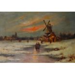 M... Bondony (19th - 20th Century) Dutch. A Winter Landscape with Figures on the Ice, a Windmill