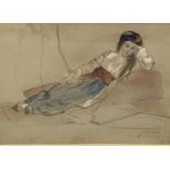 19th Century English School. Portrait of a Lady, reclining on a Day Bed in Oriental Dress,