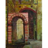 20th Century English School. A Figure Standing under an Archway, Oil on Canvas, Unframed, 24" x