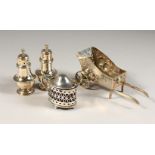 A SMALL PAIR OF PEPPERETTES, Birmingham 1913, a pierced oval mustard pot and a .800 miniature