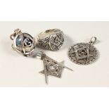 FOUR SILVER MASONIC PIECES OF JEWELLERY.