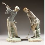 A PAIR OF LLADRO FIGURES, MAN AND GIRL PLAYING GOLF. 12ins and 11ins high.