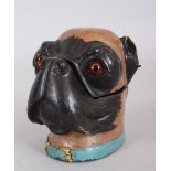A COLD PAINTED PUG DOG HEAD INKWELL. 3ins high.