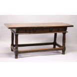 A GOOD 17TH CENTURY SPANISH WALNUT TABLE, with heavy one piece top, three geometrically carved