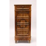 A 19TH CENTURY FRENCH WALNUT AND MARBLE BEDSIDE COMMODE, with a single frieze drawer, above a door