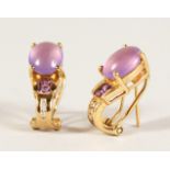 A PAIR OF YELLOW GOLD, AMETHYST AND DIAMOND EARRINGS.