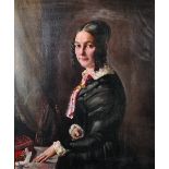 19th Century European School. Three-quarter Length Portrait of a Lady, Standing by a Table, Oil on