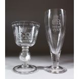 AN ELIZABETH II CORONATION AND MARRIAGE GOBLET, with a coin, and A GLASS, EDWARD VIII, May 12th 1937