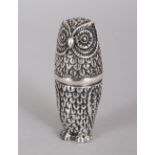 A NOVELTY SILVER OWL THIMBLE AND PIN CUSHION COMBINED.