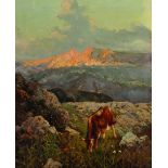 20th Century Swiss School. A Cow on a Hillside with Snow Covered Mountains in the distance, Oil on