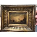 19th Century English School. A Beach Scene with a Figure in the foreground, Oil on Card, 3" x 4.