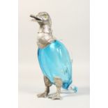 A GOOD BLUE GLASS DUCK CLARET JUG, with plated head and feet. 14.5ins high.
