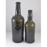 2, 19TH CENTURY GLASS BOTTLES EACH WITH A CIRCULAR SEAL, BROWN GLASS APPROX. 27cm ASCR SEAL (ALL