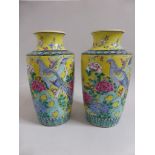 PR. YELLOW GROUND CHINESE VASES, TREE PEONY AND BIRD DECORATION, EACH APPROX. 30cm H.