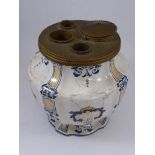 CONTINENTAL DELFT WARE INKWELL WITH GILT METAL TOP, APPROX. 11cm