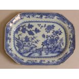 CHINESE EXPORT BLUE AND WHITE MEAT PLATE OF CANTED RECTANGULAR FORM DECORATED WITH PAGODA AND