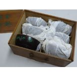 SET OF 6 COCONUT BOWLS WITH WHITE METAL LINERS IN FITTED BOX WITH CHINESE SCRIPT DECORATION