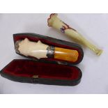 19TH CENTURY CHEROOT HOLDER WITH SILVER MOUNTS AND AMBER MOUTHPIECE IN FITTED CASE AND A GLASS