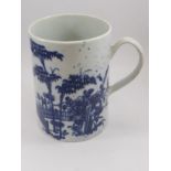 WORCESTER BLUE AND WHITE 'PLANTATION' PATTERN TANKARD, C1770, CYLINDRICAL FORM WITH LOOP HANDLE,