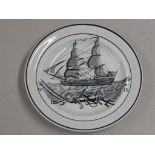 SWANSEA DILWYN PLATE DECORATED WITH A GALLEON, APPROX. 22.5 cm DIA.