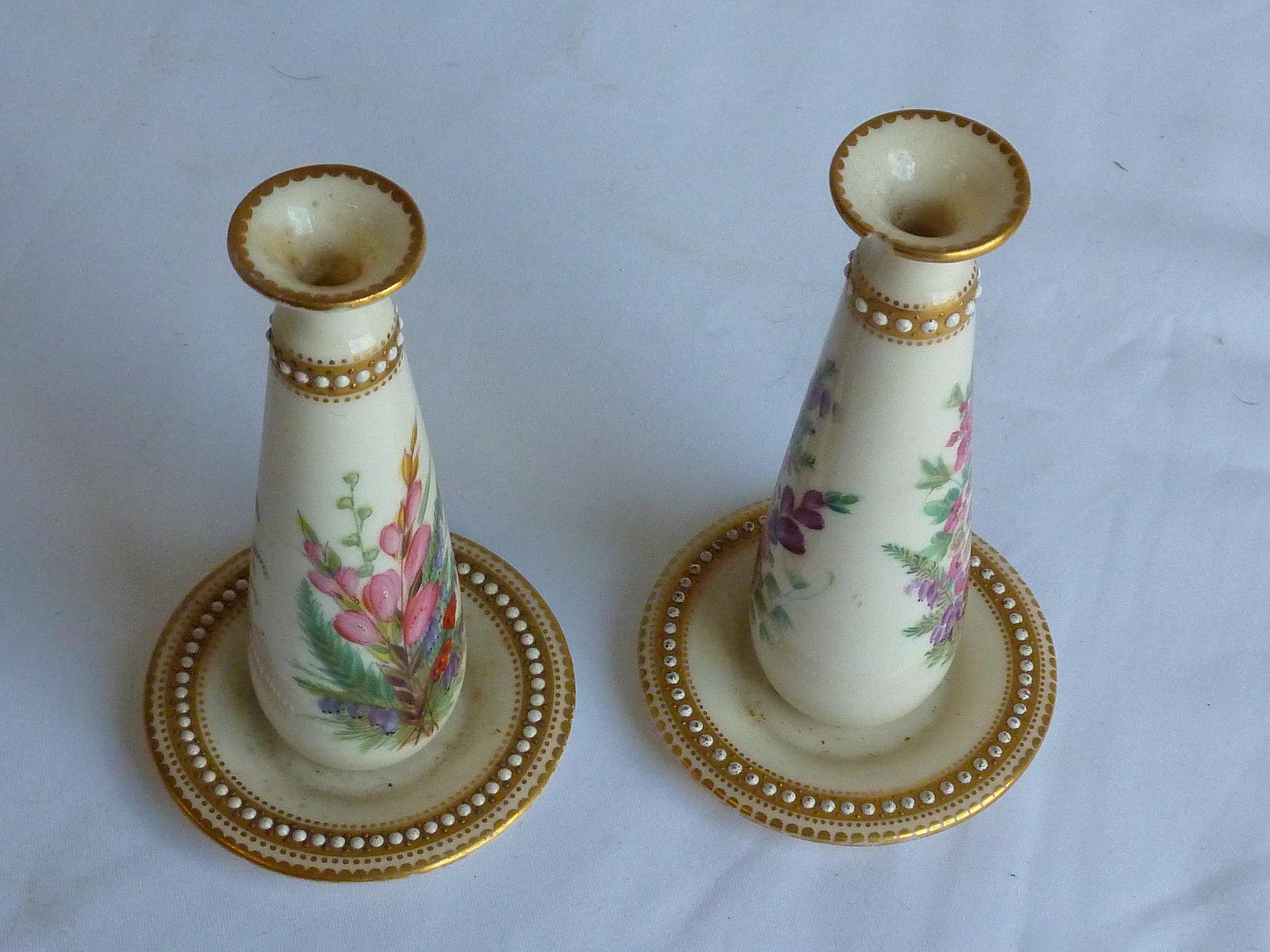 PR. ROYAL WORCESTER BLUSH IVORY TAPERED VASES WITH HAND PAINTED FLORAL DECORATION, 1 AF, APPROX.