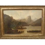 PAINTING OIL ON CANVAS APPROX. 41 INS X 26 INS IN DECORATIVE ORNATE FRAME, A LAKELAND AND MOUNTAIN