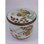 JAPANESE CIRCULAR POT AND COVER WITH ENAMELLED DECORATION FEATURING A FIGURE AND MOUSE AND SCRIPT TO