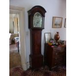 MAHOGANY LONGCASE CLOCK, PAINTED DIAL WITH SHIP MOON PHASE TO ARCH, 8 DAY MOVEMENT, DATE APERTURE