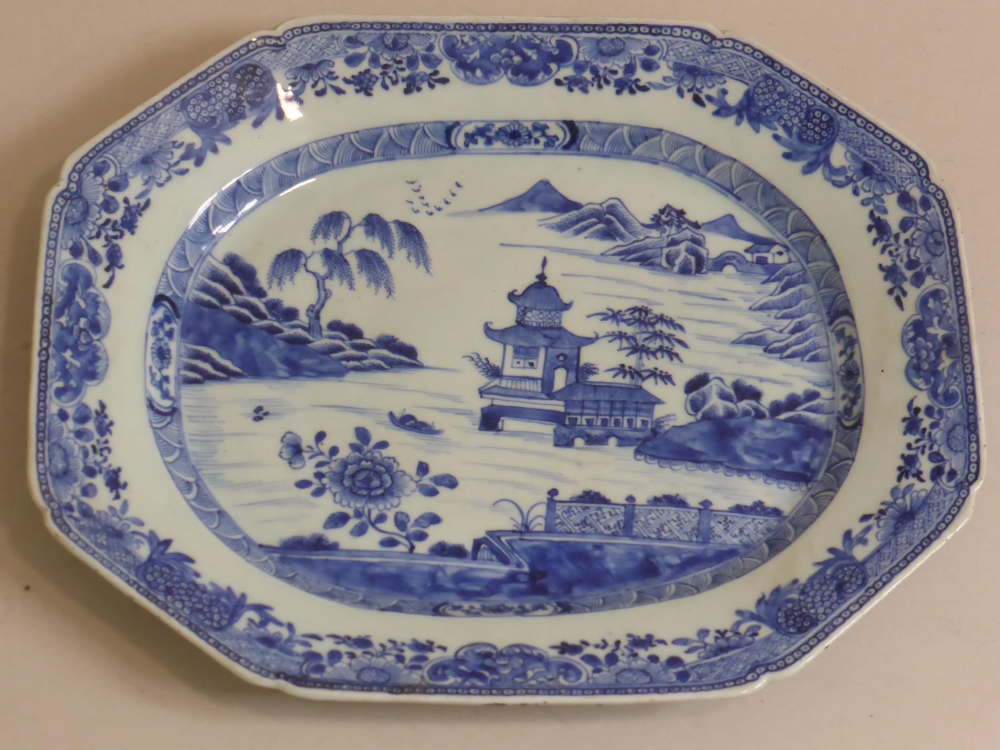CHINESE EXPORT BLUE AND WHITE MEAT PLATE OF CANTED RECTANGULAR FORM DECORATED WITH PAGODA AND