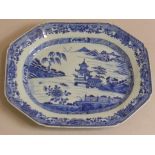 CHINESE EXPORT BLUE AND WHITE MEAT PLATE OF CANTED RECTANGULAR FORM DECORATED WITH PAGODA AND